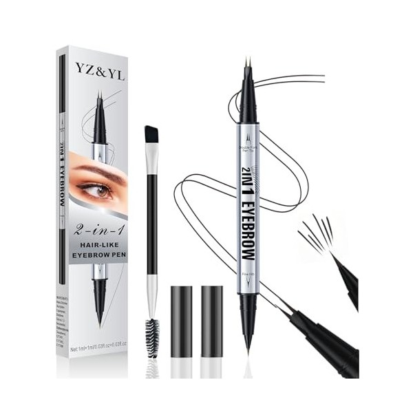 Crayon Sourcil YZ&YL, Double Embout Avec Micro-pointe à 2 Broches et Pointe Pinceau Précise, Stylo Sourcil Effet Poil, Imperm