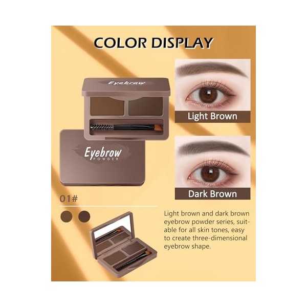 Kit de poudre à sourcils - Palette de poudre teintée douce pour les yeux - Imperméable et durable - Marron foncé/clair - Maqu...