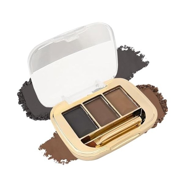 Kit de poudre à sourcils – Palette à sourcils imperméable à 3 couleurs avec pinceau et miroir – Nuances naturelles durables p...