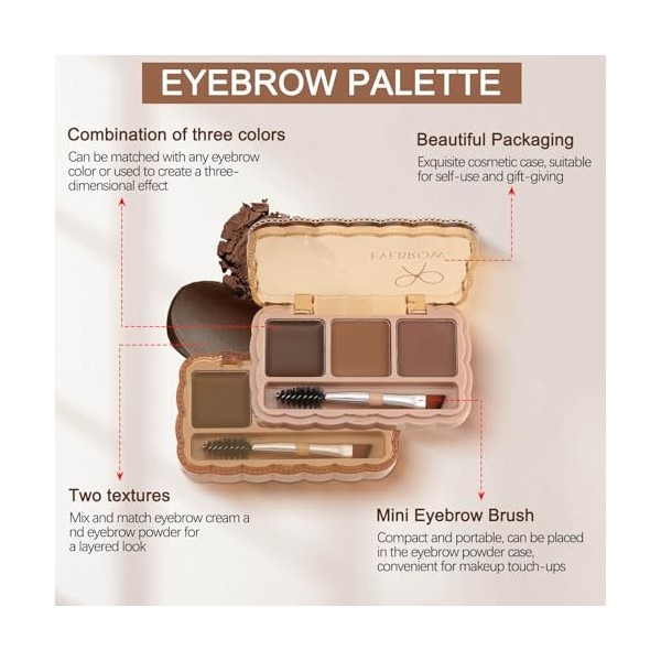 Boobeen Palette à sourcils, kit de poudre à sourcils 3 couleurs, pommade à sourcils avec brosse à double extrémité, kit de ma
