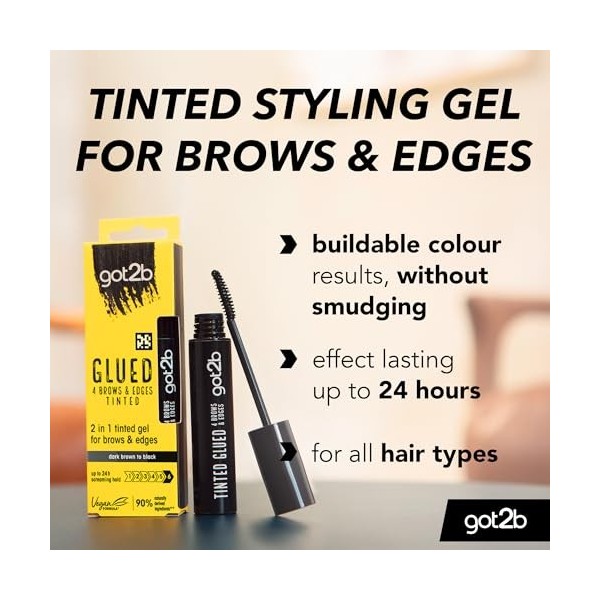 Got2b Gel Teinté 2 en 1 pour Sourcils et Bords Collés - 16 ml - Marron Foncé à Noir - Gel à Sourcils Screaming Hold - Look Du