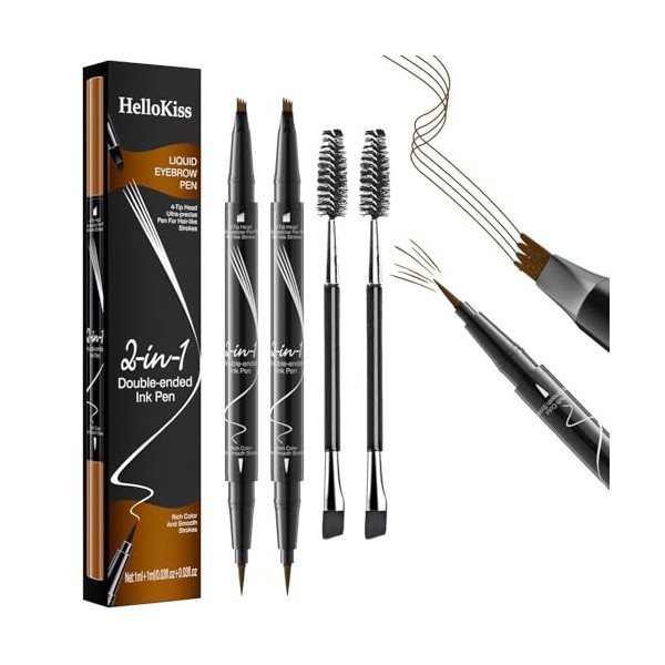 Lot de 2 crayons à sourcils imperméables 2 en 1 - Microblading double extrémité - 3D - Avec 4 pointes fourchues - Pour créer 