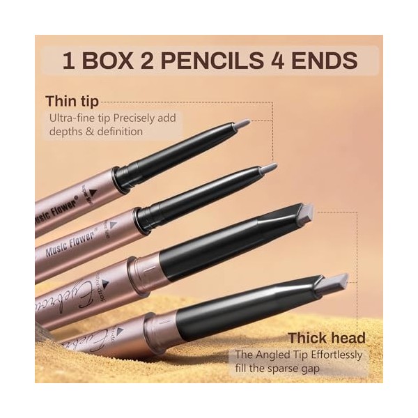 HeyBeauty Lot de 2 crayons à sourcils à double tête étanche et automatique 2 mines de différentes formes Café foncé Maquillag...