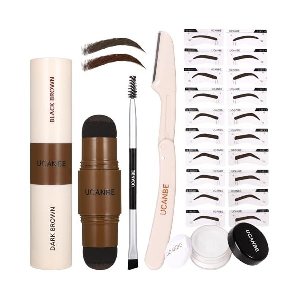 UCANBE Kit de Tampons et Gabarits à Sourcils 25 Pièces : Pommade Bicolore, 20 Gabarits Réutilisables, Poudre de Finition, Pin...