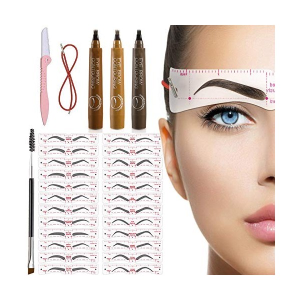TEUVO 24 Styles de Pochoirs Sourcils pour Débutants 3 Minutes Maquillage, Réutilisable Kit Sourcils Maquillage avec 1 Pinceau