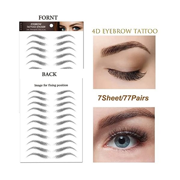 Lot de 7 feuilles/77 paires dautocollants de tatouage 4D imperméables et naturels pour sourcils - Longue durée de vie - Parf