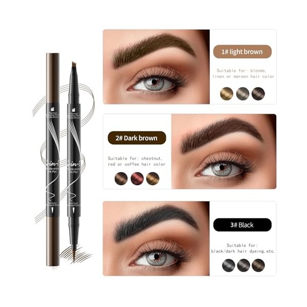 Crayon à sourcils imperméable, crayon à sourcils microblading à double extrémité 2 en 1 avec brosse à sourcils, eye-liner pou...