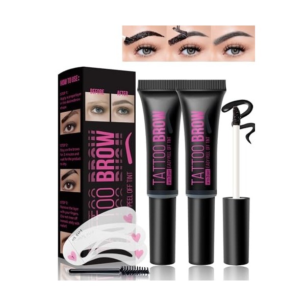 Peel Off Lot de 2 gels de coloration pour sourcils waterproof - Cire transparente - Gel naturel de tatouage - Jusquà 3 jours
