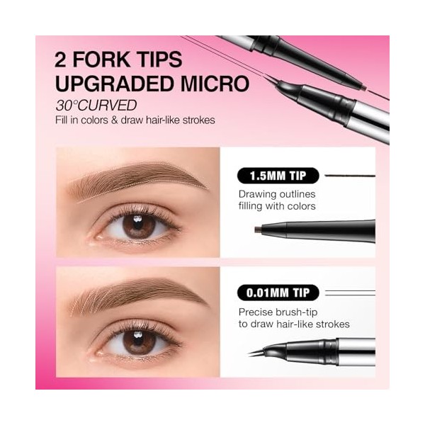Stylo à sourcils incurvé, crayon à sourcils 2-en-1 à double extrémité avec pointe micro à 2 griffes et pointe ultra fine, pou