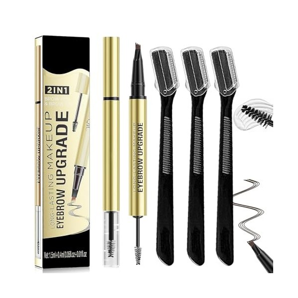 Culinavog Crayon à Sourcils Double Embout, Crayon à Sourcils 2 en 1 avec Gel avec 4 Pointes Fourchues, Livré avec 3 Rasoirs à