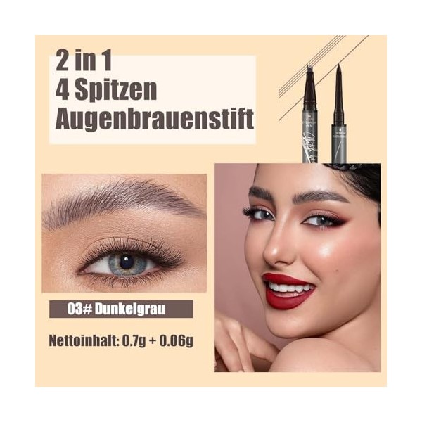 Crayon à sourcils magique 2 en 1 à 4 pointes - Microblading 3D - Étanche et résistant aux taches - Durable et naturel gris f