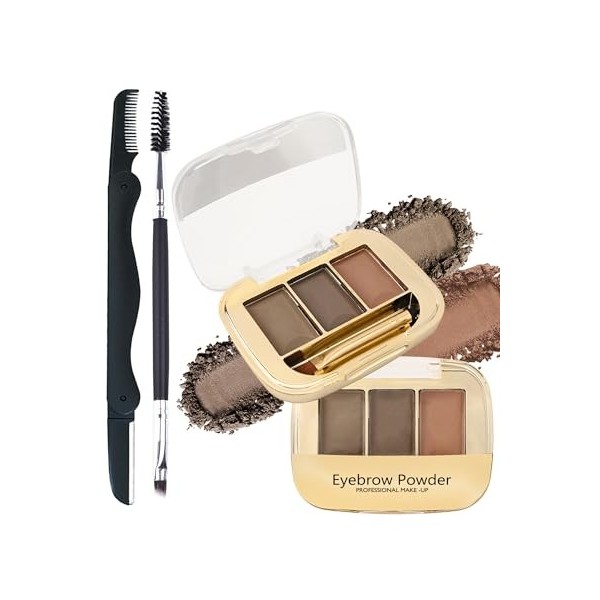 Poudre à Sourcils Palette Waterproof - 3 Couleurs Kit de Maquillage pour Sourcils Marron avec Rasoir et Brosse, Couleurs Dura