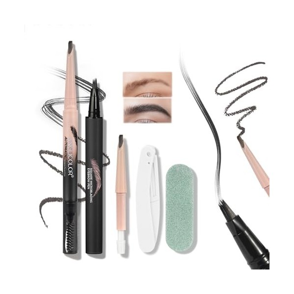 Prreal Microblading Lot de stylos à sourcils 2 en 1 à double extrémité précis avec brosse en spirale, noyau remplaçable, raso