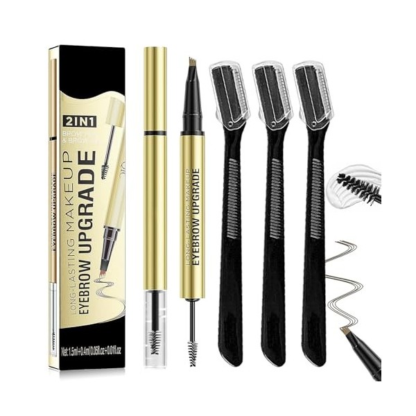 Culinavog Crayon à Sourcils Double Embout, Crayon à Sourcils 2 en 1 avec Gel avec 4 Pointes Fourchues, Livré avec 3 Rasoirs à