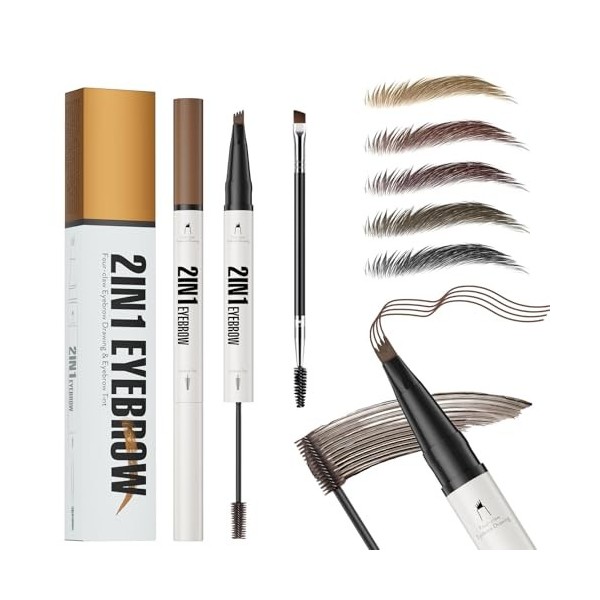 Crayon à sourcils liquide 2 en 1, 3D Crayon à sourcils Microblading et gel pour sourcils avec embout à 4 fourches, Crayon Sou
