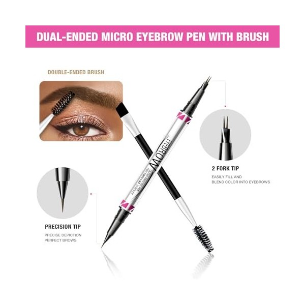 Boobeen Kit Stylo Sourcils Microblading, Stylo Liquide Double Face 2-en-1, 2 Embouts Micro-Fourchettes et Pinceau de Précisio