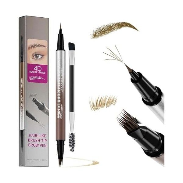 2-en-1 Crayon à Sourcils Effet Poil à Poil - Microblading avec Pointe 4D & 0,1mm, Imperméable & Sans Bavure, Brosse Incluse