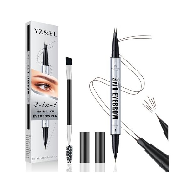 Crayon Sourcil YZ&YL, Double Embout Avec Micro-pointe à 2 Broches et Pointe Pinceau Précise, Stylo Sourcil Effet Poil, Imperm