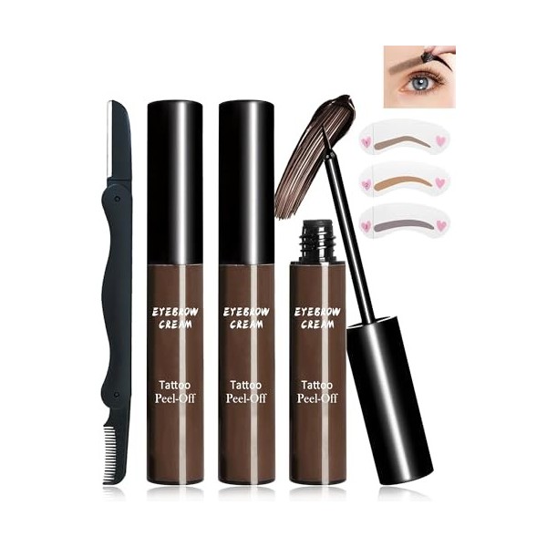 Lestpola Gel à sourcils - Marron foncé - Imperméable - Résistant à la transpiration - Tenue 3 jours - 2 gels & 6 pochoirs - L