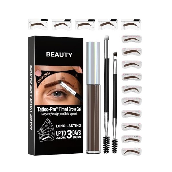 Kit de coloration pour sourcils - Gel couleur avec pochoirs, couleur gel de tatouage pour sourcils, tatouage semi-permanent, 