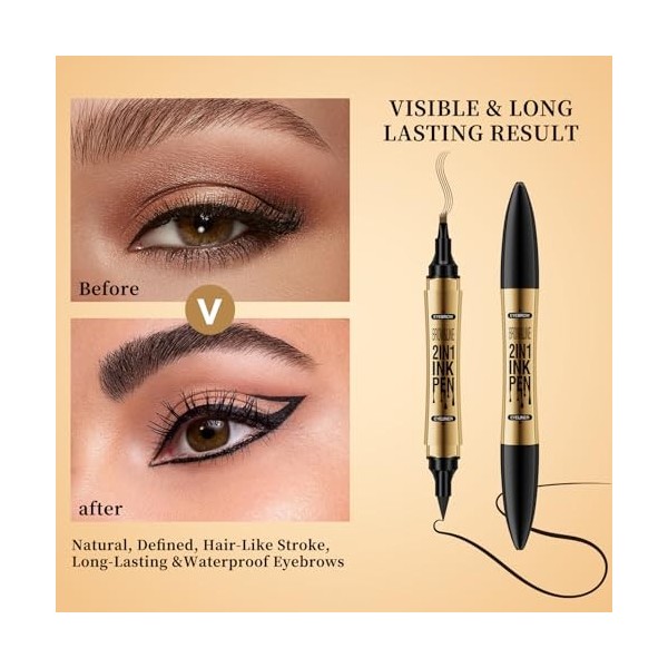 Crayon à sourcils liquide, 3D Tatouage Crayon à Sourcils avec 4 conseils Crayon Imperméable & Longue Durée Sourcil pour le Ma