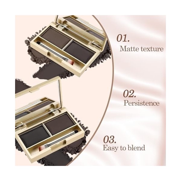 Kit de poudre à sourcils étanche 2 en 1 avec miroir et pinceau - Palette bicolore pour sourcils et fards à paupières, anti-tr