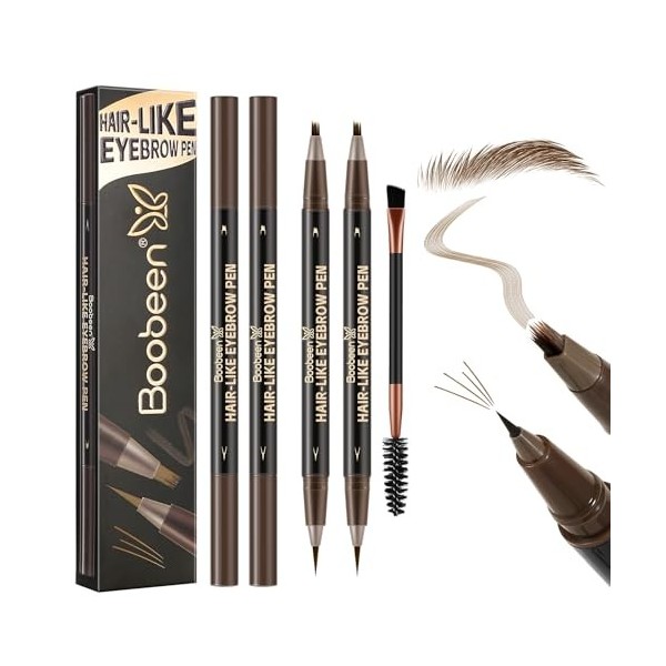 Boobeen Stylo Sourcils Microblading Résistant à lEau, Double Pointe Effet Brins de Cheveux, Durable avec Brosse - Brun Foncé
