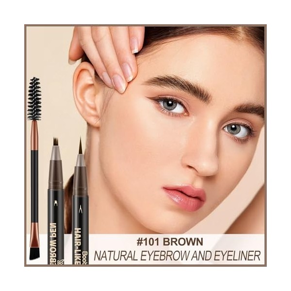 Boobeen Stylo Sourcils Microblading Résistant à lEau, Double Pointe Effet Brins de Cheveux, Durable avec Brosse - Brun Foncé