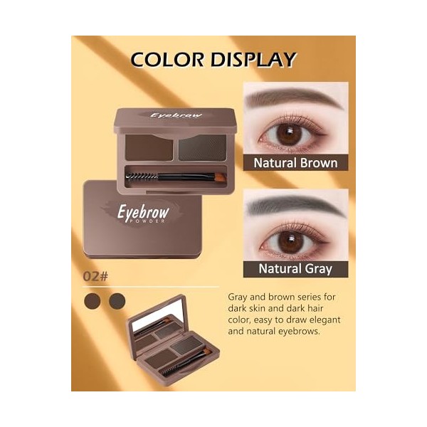 Kit de poudre à sourcils - Palette de poudre teintée douce pour les yeux - Imperméable et durable - Gris marron naturel - Ens