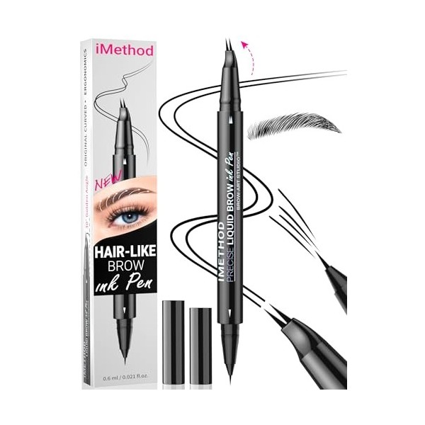 iMethod Stylo à sourcils incurvé – Crayon à sourcils 2 en 1 à double extrémité avec micro-pointe fourchette et pointe pinceau