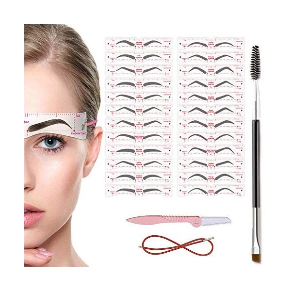 TEUVO Pochoir Sourcils Kit pour Débutant 3 Procès-verbal Maquillage, 24 Styles de Pochoir, 1 Brosse Sourcil et 1 Rasoir Visag