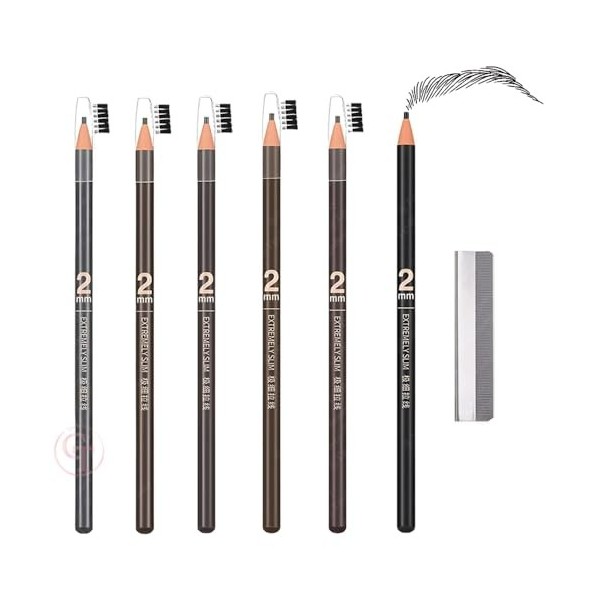 Lot de 5 crayons à sourcils microblading PMU à pointe ultra-fine de 2 mm, avec pinceau intégré, pour un maquillage permanent ...
