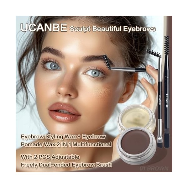 UCANBE Gel à Sourcils Waterproof + Cire Sourcils Stylisante with 2 Adjustable Twin Brushes, Long Lasting 01 Marron Gel à Sou ...