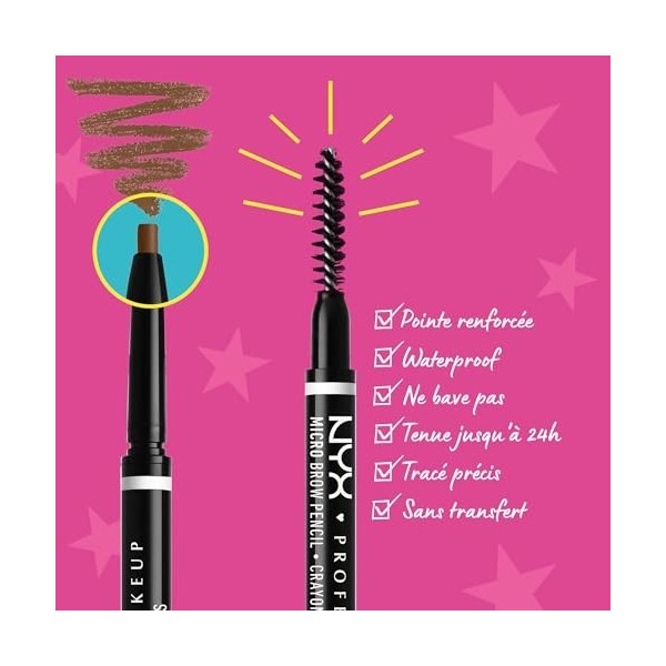 NYX Professional Makeup Crayon à Sourcils Micro Brow Pencil, Crayon Ultra-Fin Double-Embout avec Mine Rétractable et Goupillo
