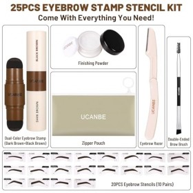 UCANBE Kit de Tampons et Gabarits à Sourcils 25 Pièces : Pommade Bicolore, 20 Gabarits Réutilisables, Poudre de Finition, Pin