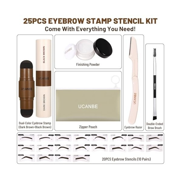 UCANBE Kit de Tampons et Gabarits à Sourcils 25 Pièces : Pommade Bicolore, 20 Gabarits Réutilisables, Poudre de Finition, Pin