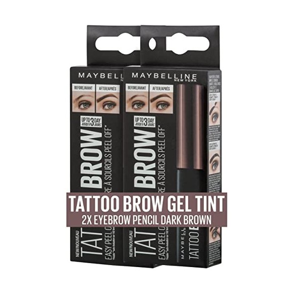 Maybelline New York Lot de 2 tubes de coloration pour sourcils Tattoo Brow Gel Tint avec formule Peel-Off N° 3 Dark Brown 2 x
