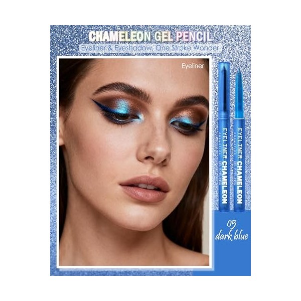 Paillettes Crayon Yeux, Bleu Chameleon Eyeliner, Eye Liner Waterproof Long Lasting, Résistant aux Taches Crayon Eyeliner, Hau...
