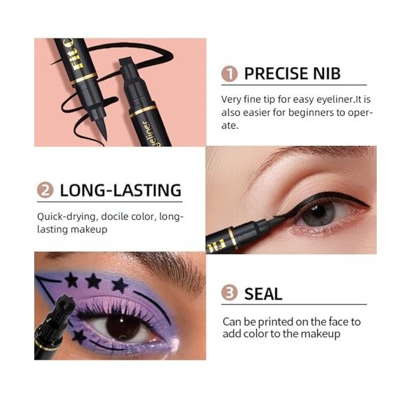 Sitovely 6PCS Coffret de Crayons Eye Liner Liquide à deux têtes, Liquid Eyeliner Stamp Pencil, Stylo Eyeliner Noir ailé pour ...