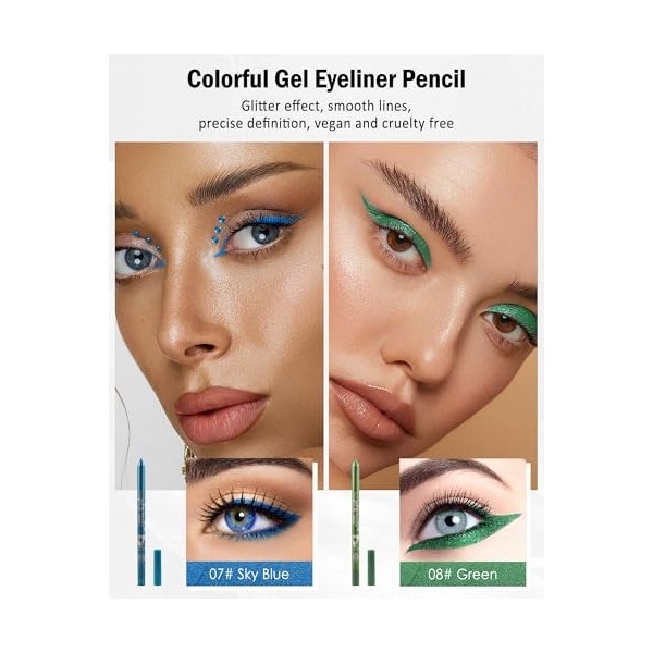2Pcs Crayon Gel Yeux Pailleté Bleu Vert, Métallique Brillant Eye Liner avec Taille-Crayo, Eyeliner Waterproof et Longue Tenue...