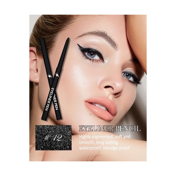 Crayon Yeux Noir Pailleté, Super Doux et Lisse Glitter Gel Eyeliner Pencil, Waterproof and Durable, Très Pigmenté Eye Liner C...