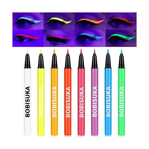 BOBISUKA UV Eyeliner Set 8 Couleurs Imperméable - Eyeliner Liquide Mat aux Couleurs Riches - Eye liner Fluorescent Résistant ...