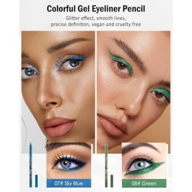 2Pcs Crayon Gel Yeux Pailleté Bleu Vert, Métallique Brillant Eye Liner avec Taille-Crayo, Eyeliner Waterproof et Longue Tenue