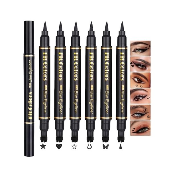 Sitovely 6PCS Coffret de Crayons Eye Liner Liquide à deux têtes, Liquid Eyeliner Stamp Pencil, Stylo Eyeliner Noir ailé pour 