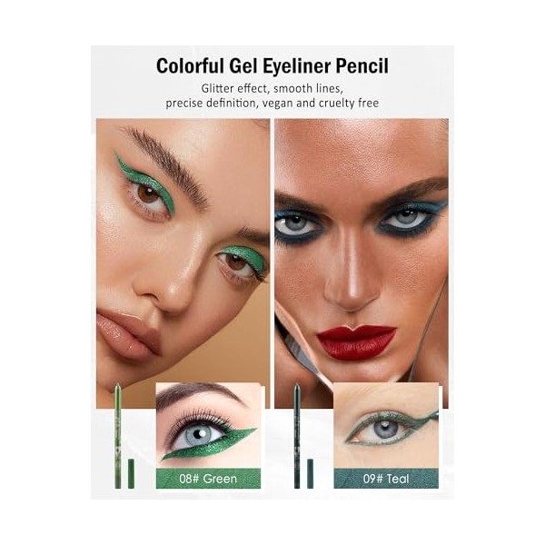 2Pcs Crayon Gel Yeux Vert Teal, Eye Liner Pen Creamy Mat, Eyeliners Effet Tatouage avec Taille-Crayon, Waterproof et Longue T