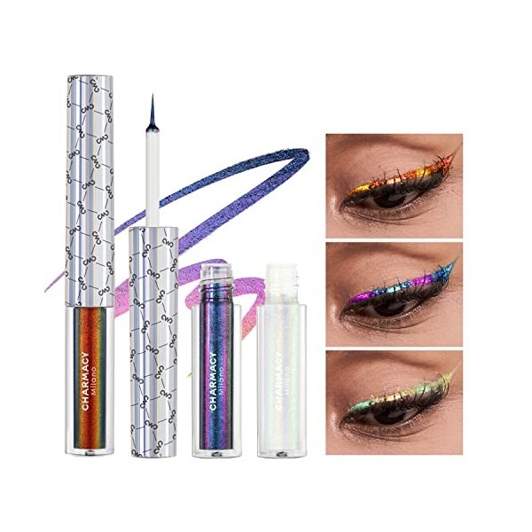 CHARMACY Caméléon Eyeliner liquide à paillettes, hautement pigmenté, multicolore intense métallique, imperméable, pointe ultr...