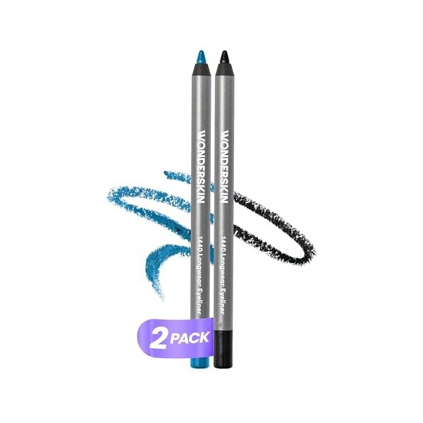 Wonderskin 1440 Crayon Eyeliner Longue Tenue Bleu et Noir, Paquet de 2 - Crayon Eyeliner Imperméable, Aiguisable et Anti-Bavu