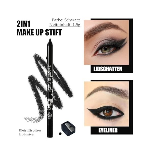 Eyeliner en gel noir - Crayon khôl noir mat - Imperméable et résistant aux taches - Crayon eyeliner longue durée avec taille-...