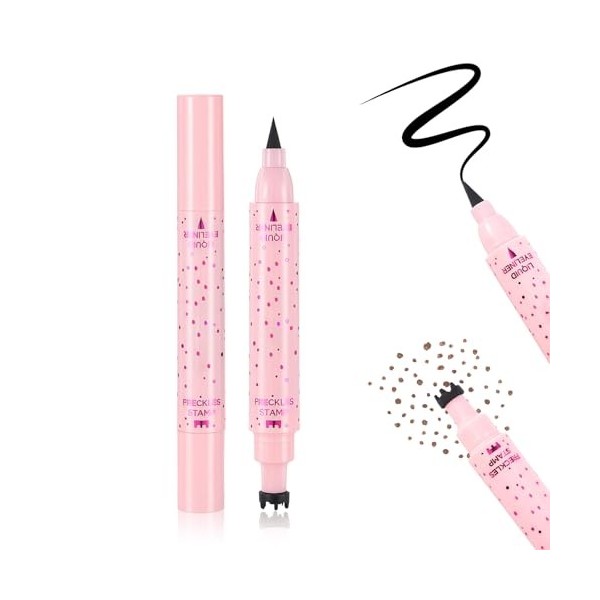 Prreal Eyeliner Stylo 2 en 1 pour taches de rousseur, tampon marron foncé et eyeliner liquide noir, imperméable, séchage rapi...