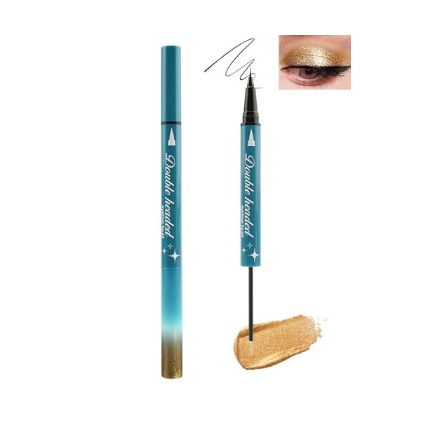 2 in 1 Double-Ended Liquide Eyeliner Pen, Très Fin Eyeliner Noir & Or Fard à Paupières Pailleté, Waterproof Longue Durée, Qui